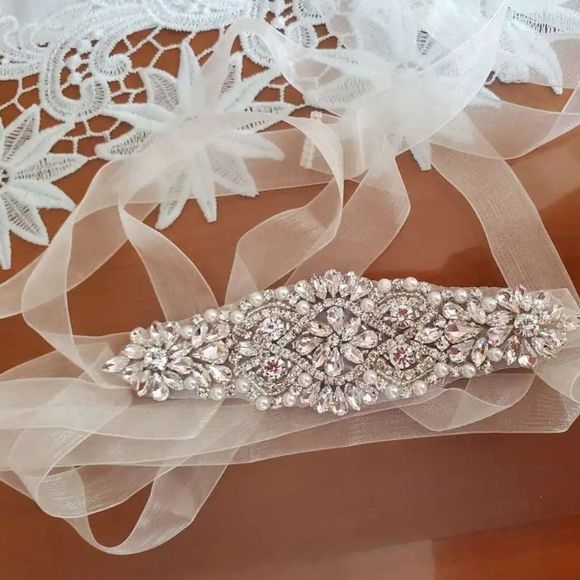 Rhinestone and Pearl Bridal Wedding Dress Belt Waist Chain Sash - Picture 10 of 10
